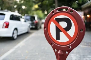 Rotes Parkverbotsschild mit durchgestrichenem P am Strassenrand, dahinter unscharf parkierte Autos