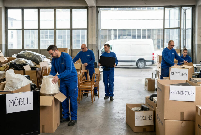 Fünf Helfer in blauer Arbeitskleidung sortieren Entsorgungsgut in Kartons mit Aufschrift Möbel, Recycling und Brockenstube