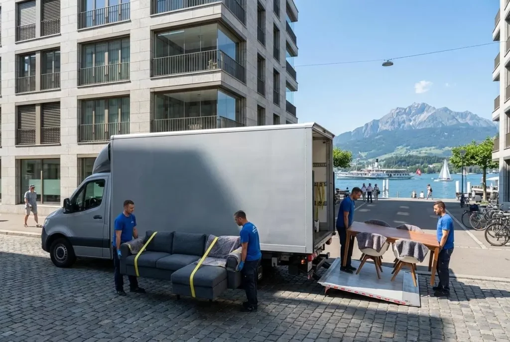 Umzugshelfer verladen Sofa und Esstisch in den Umzugswagen am Seeufer in Luzern, im Hintergrund der Pilatus