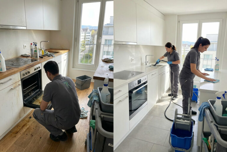 Umzugsreinigung vorher und nachher: links Mitarbeiter am verschmutzten Backofen, rechts zwei Kolleginnen in sauberer Küche