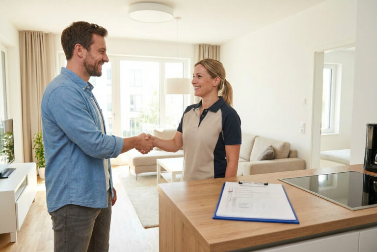 Handschlag zwischen Kunde und Reinigungsfachkraft bei der Wohnungsabnahme, Protokoll auf der Kücheninsel