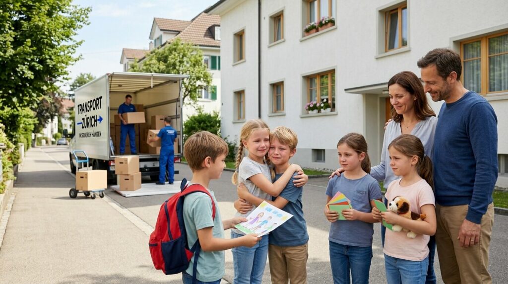 Eltern und Kinder nehmen vor dem Haus Abschied, dahinter laden Umzugshelfer den Lastwagen von Transport Zürich AG