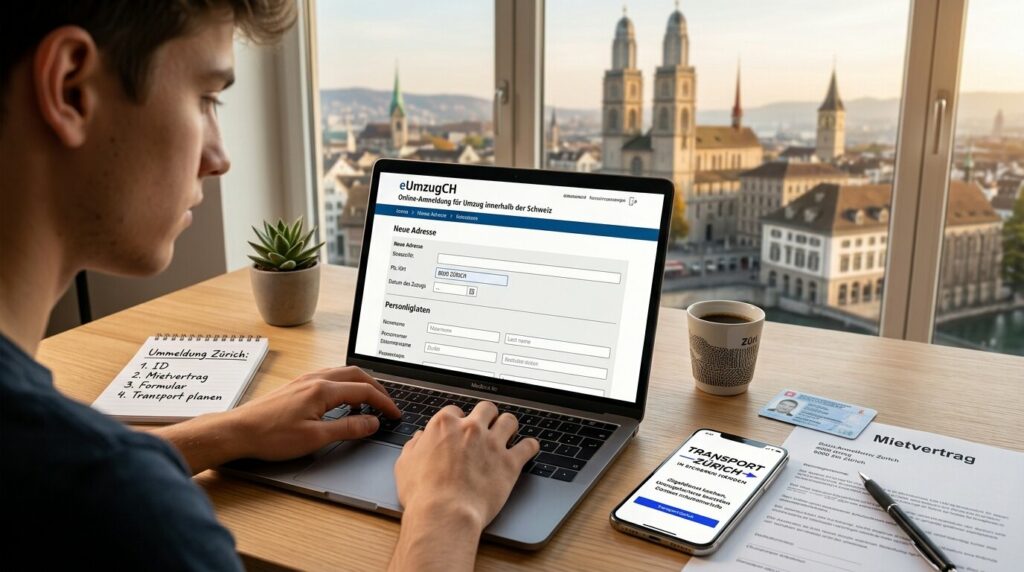 Junger Mann meldet seinen Umzug am Laptop über eUmzugCH online, daneben Mietvertrag und ID, Blick auf Zürich