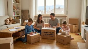 Familie packt für den Umzug