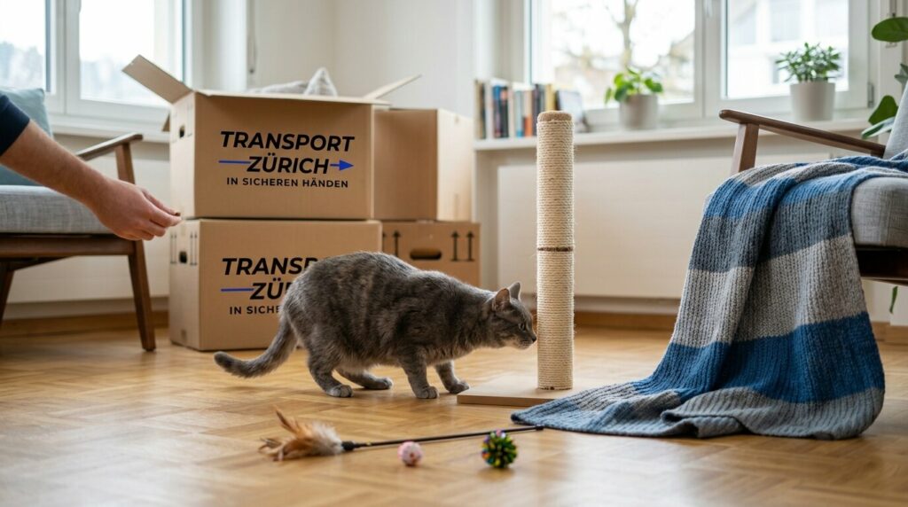 Graue Katze beschnuppert den Kratzbaum im neuen Wohnzimmer, daneben Spielzeug und Umzugskartons von Transport Zürich AG
