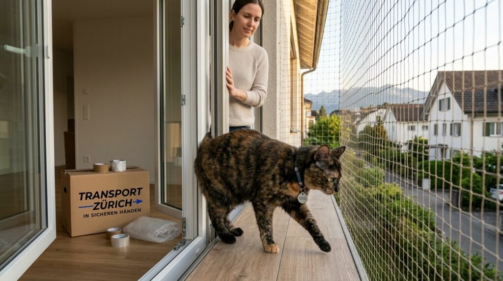 Katze erkundet den mit Katzennetz gesicherten Balkon der neuen Wohnung, dahinter ein Umzugskarton von Transport Zürich AG