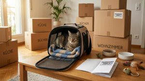 Getigerte Katze in offener Transporttasche zwischen beschrifteten Umzugskartons von Transport Zürich AG