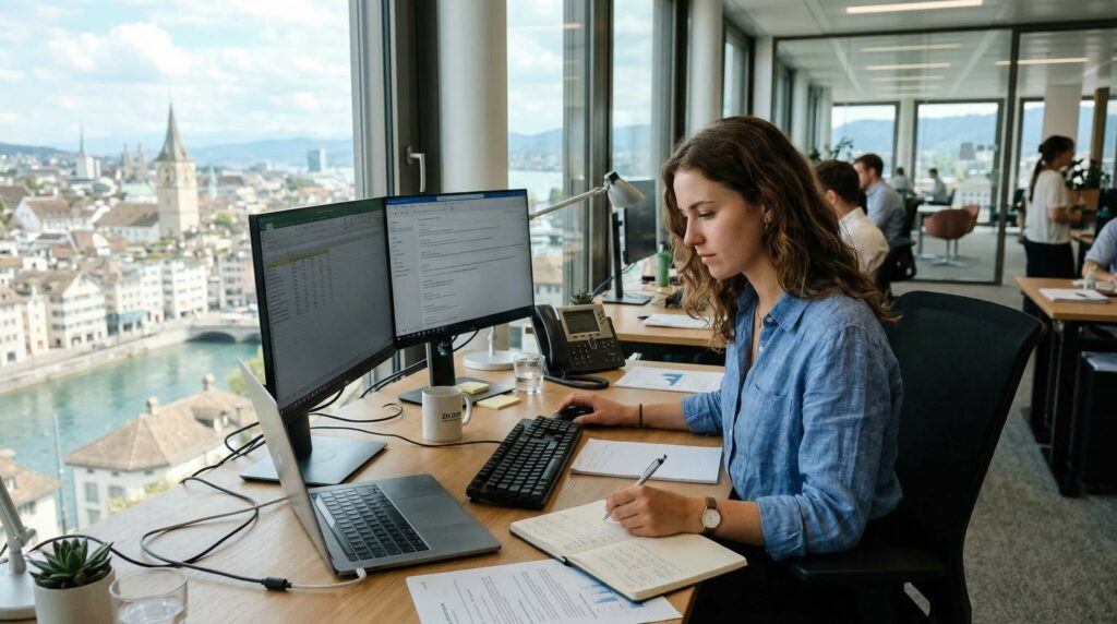 Junge Frau im Innendienst arbeitet an zwei Bildschirmen und notiert, im Fenster die Zürcher Altstadt