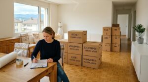 Frau schreibt am Esstisch eine Umzugscheckliste, dahinter beschriftete Umzugskartons für Küche, Schlafzimmer und Bad