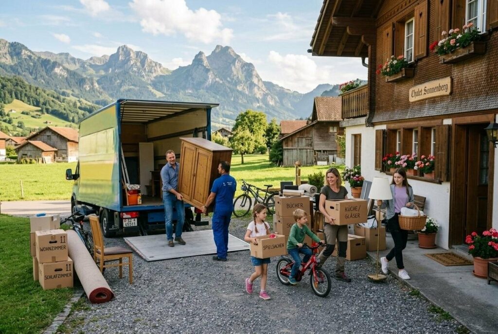 Familie mit Umzugskartons vor einem Chalet in Schwyz, zwei Männer tragen einen Holzschrank aus dem blauen Lastwagen