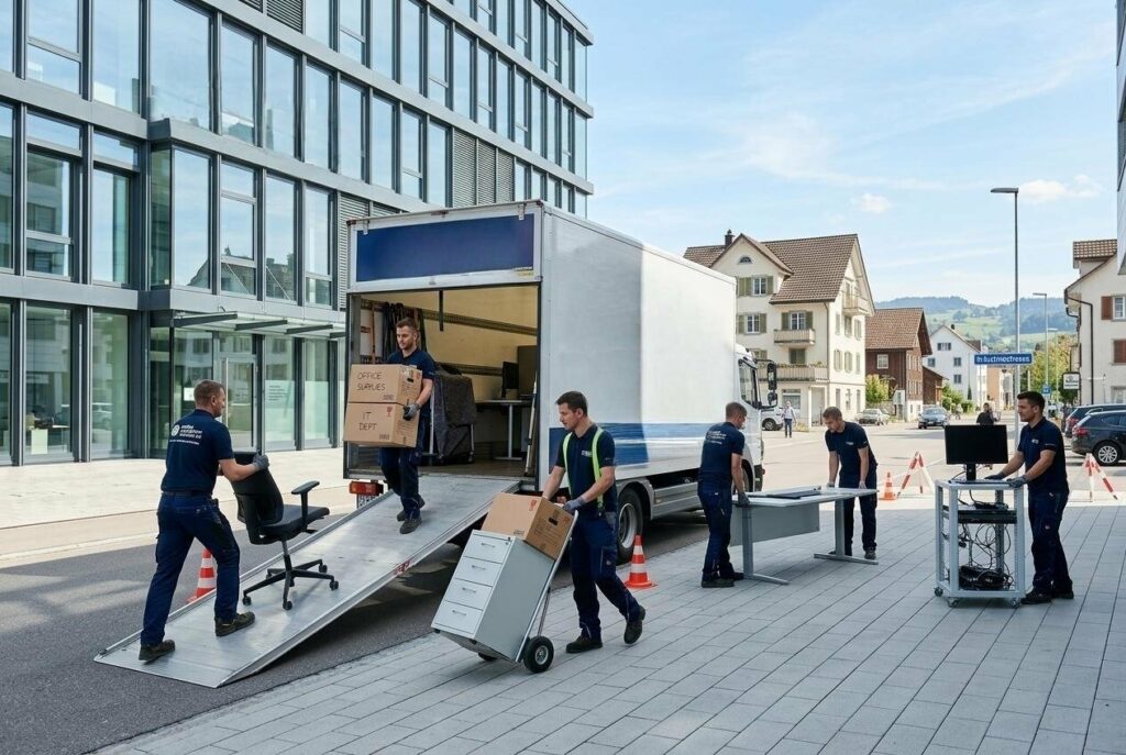 Umzugsteam entlädt beim Firmenumzug Bürostuhl, Rollkorpus und Schreibtisch vor einem Glasbürogebäude im Thurgau