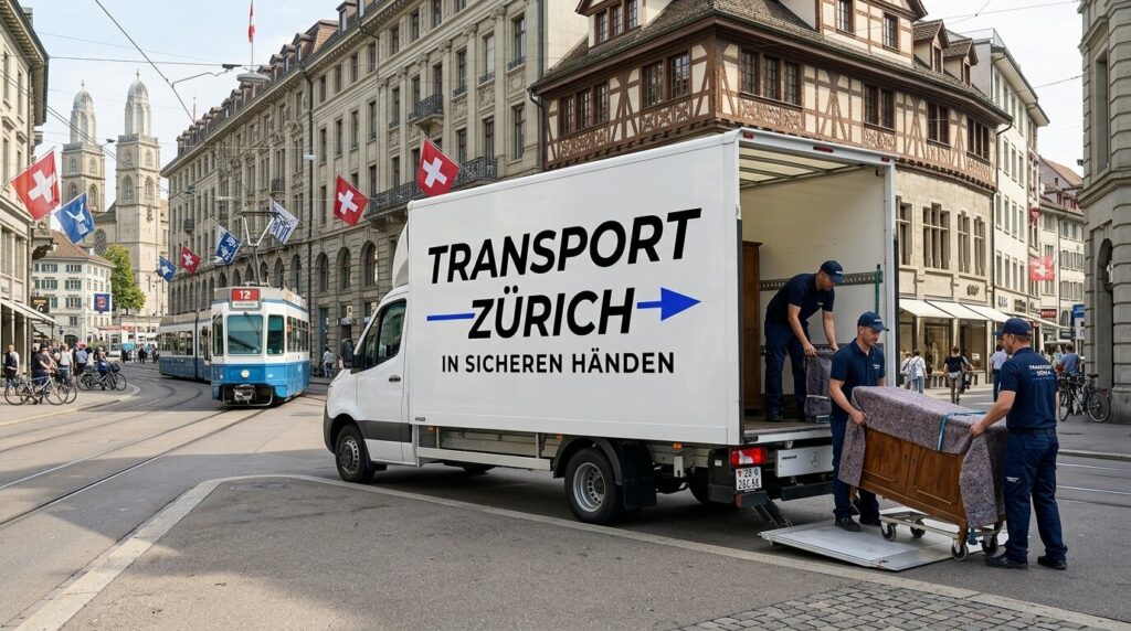 Umzugswagen der Transport Zürich AG in der Zürcher Altstadt, drei Helfer laden ein Möbelstück ein, hinten das Grossmünster