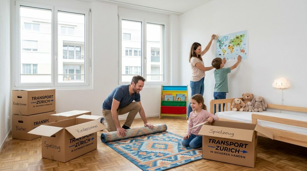 Eltern und Kinder richten das neue Kinderzimmer ein, mit Teppich, Weltkarte und Umzugskartons von Transport Zürich AG