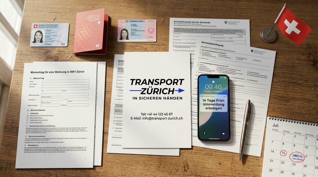 Mietvertrag für Zürich, Schweizer Pass und Anmeldeformular, Handy erinnert an die 14-Tage-Frist zur Ummeldung