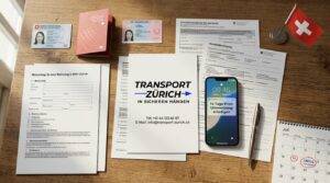 Mietvertrag für Zürich, Schweizer Pass und Anmeldeformular, Handy erinnert an die 14-Tage-Frist zur Ummeldung