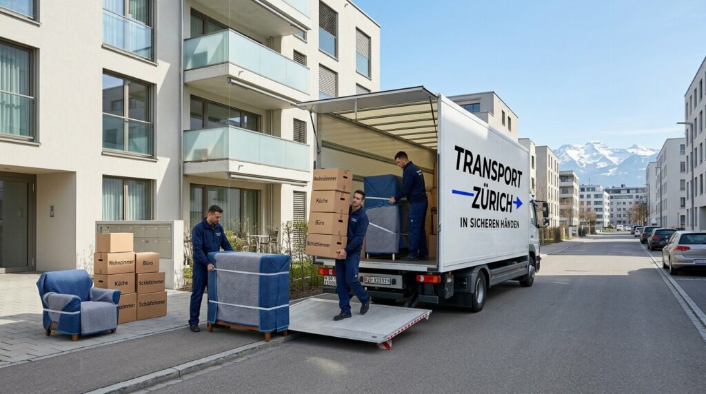 Umzugsteam der Transport Zürich AG lädt beschriftete Kartons und verpackte Möbel in den Lastwagen, Alpen im Hintergrund