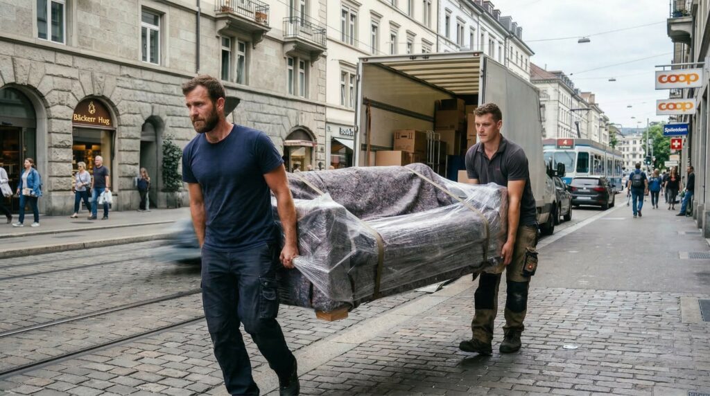 Zwei Umzugshelfer tragen ein in Folie verpacktes Sofa über eine Zürcher Strasse, dahinter der offene Umzugswagen