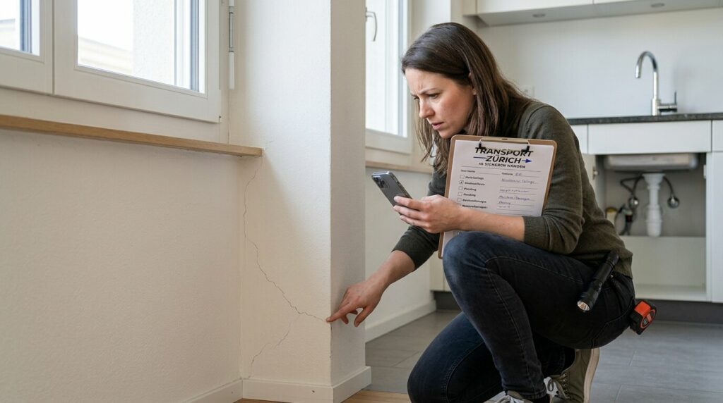 Frau mit Klemmbrett von Transport Zürich AG prüft bei der Wohnungsbesichtigung einen Riss in der Wand