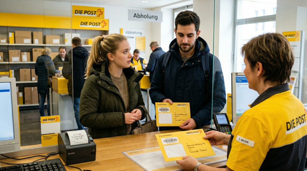Paar am Postschalter der Schweizerischen Post gibt gelbe Einschreiben-Couverts auf, Mitarbeiterin in gelbem Poloshirt