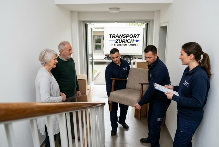 Seniorenpaar im Treppenhaus, Umzugshelfer der Transport Zürich AG tragen einen Sessel