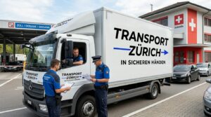 Umzugswagen von Transport Zürich AG am Schweizer Zoll, Zöllner prüft Papiere mit einem Mitarbeiter
