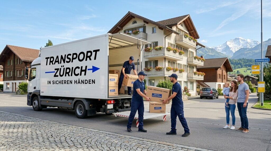 Umzugshelfer der Transport Zürich AG laden Kartons vom Lastwagen vor Chalets und Bergen aus