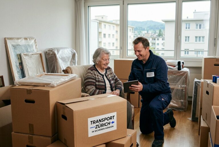 Umzugshelfer der Transport Zürich AG bespricht mit einer Seniorin am Tablet den Umzug, umgeben von Umzugskartons