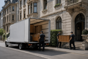 Zwei Umzugshelfer tragen eine Holzkommode vom weissen Umzugswagen zum Eingang eines herrschaftlichen Stadthauses
